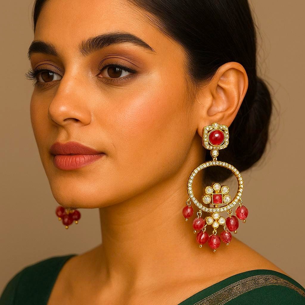 Elegant Ruby & Polki Drop Earrings with Crystal Beads Gold Finish Bridal Statement Jewelry - Libasaa.com