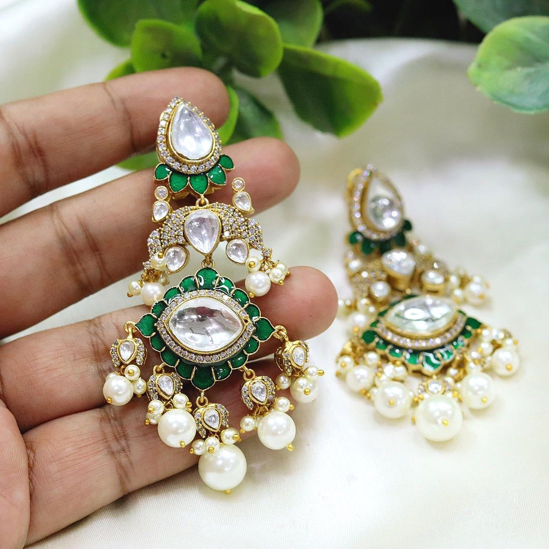 Green Meenakari Kundan Earrings with Pearl Drops Traditional Indian Bridal Jewelry - Libasaa.com