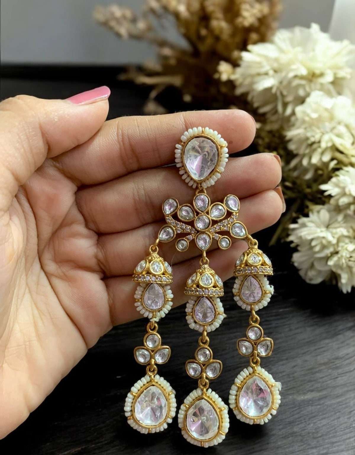 Royal Kundan Pearl Drop Chandbali Earrings with Emerald & Polki Stone Detailing Bridal & Festive Glam - Libasaa.com