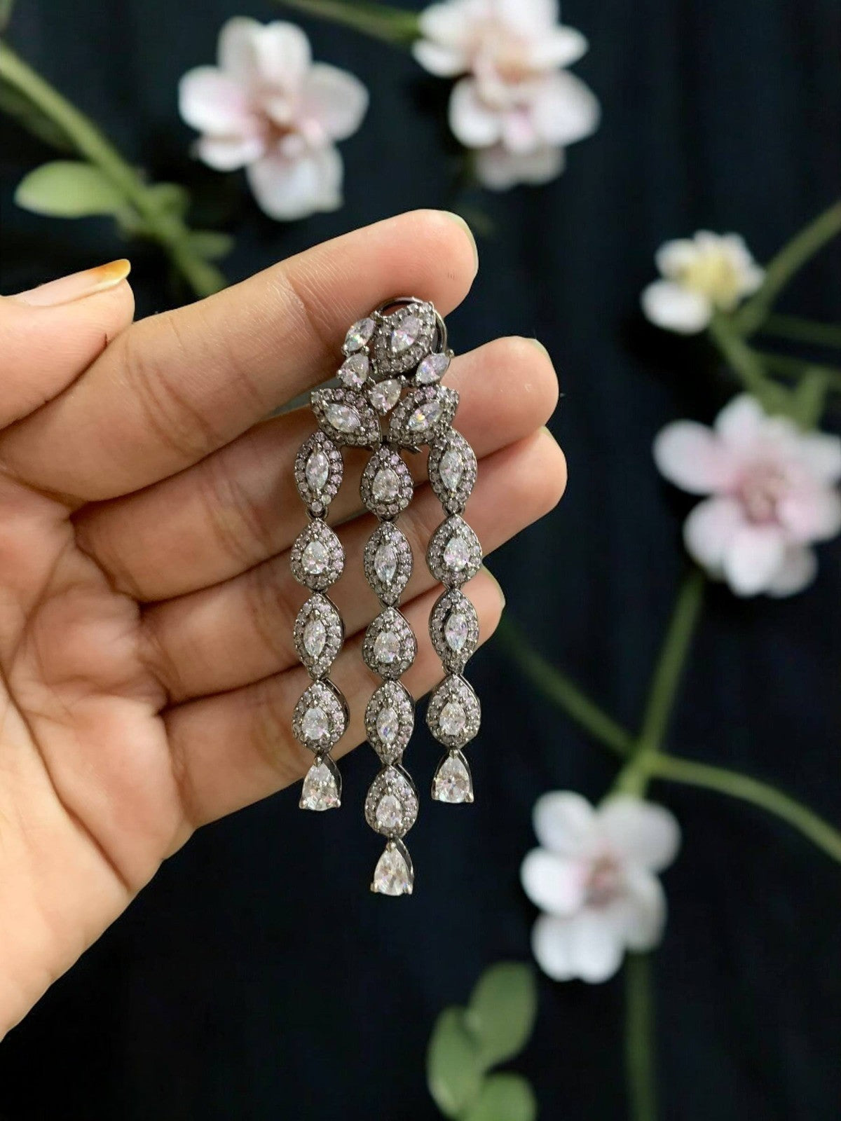 Sparkling Silver Triple Drop CZ Dangle Earrings – Elegant Long Statement Jewelry - Libasaa.com