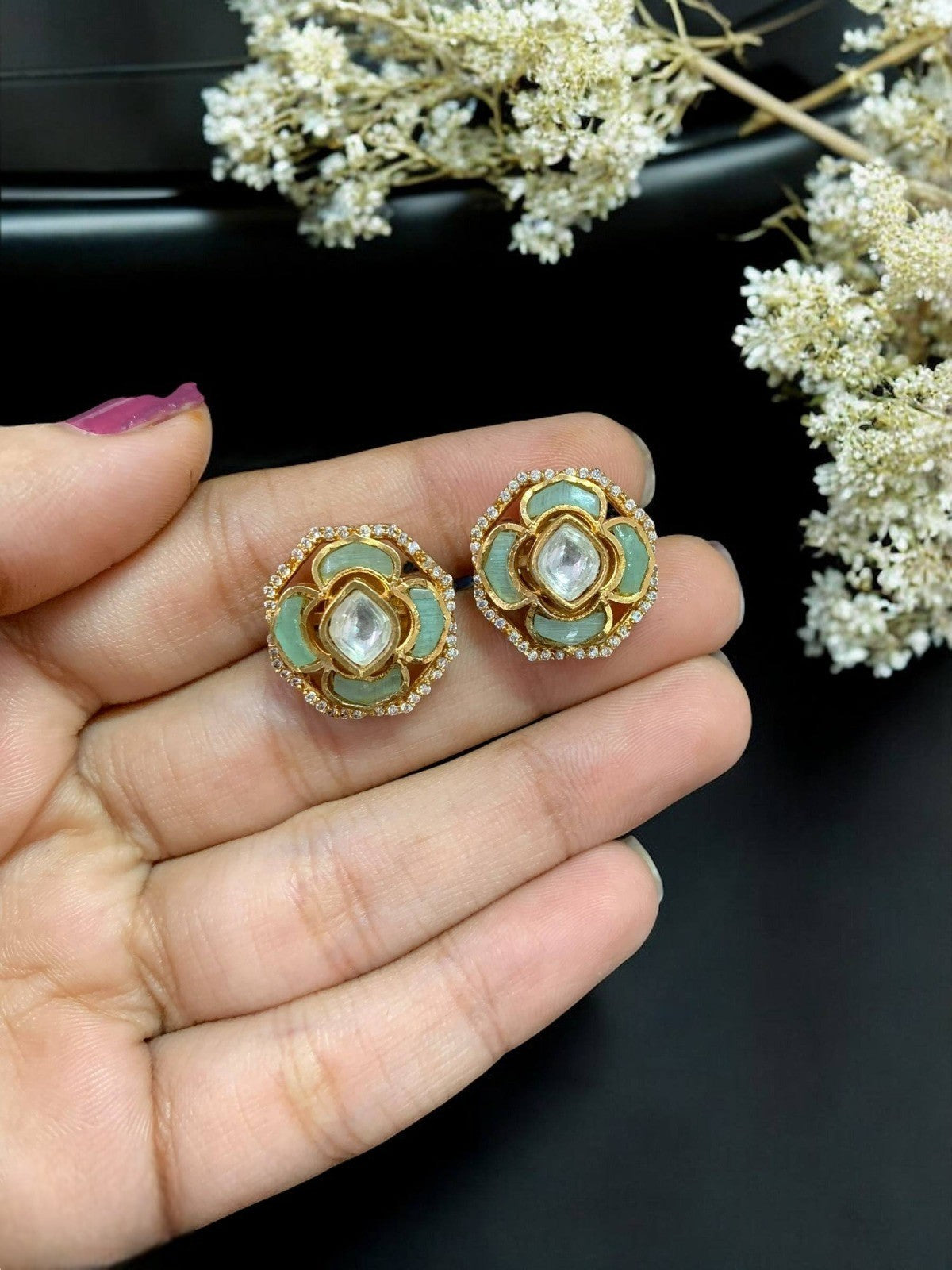 Elegant Floral Kundan Stud Earrings with Green Enamel Traditional Indian Jewelry - Libasaa.com