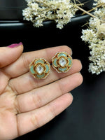 Elegant Floral Kundan Stud Earrings with Green Enamel Traditional Indian Jewelry - Libasaa.com