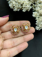 Elegant Floral Kundan Stud Earrings with Green Enamel Traditional Indian Jewelry - Libasaa.com