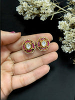Elegant Floral Kundan Stud Earrings with Green Enamel Traditional Indian Jewelry - Libasaa.com