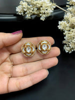 Elegant Floral Kundan Stud Earrings with Green Enamel Traditional Indian Jewelry - Libasaa.com