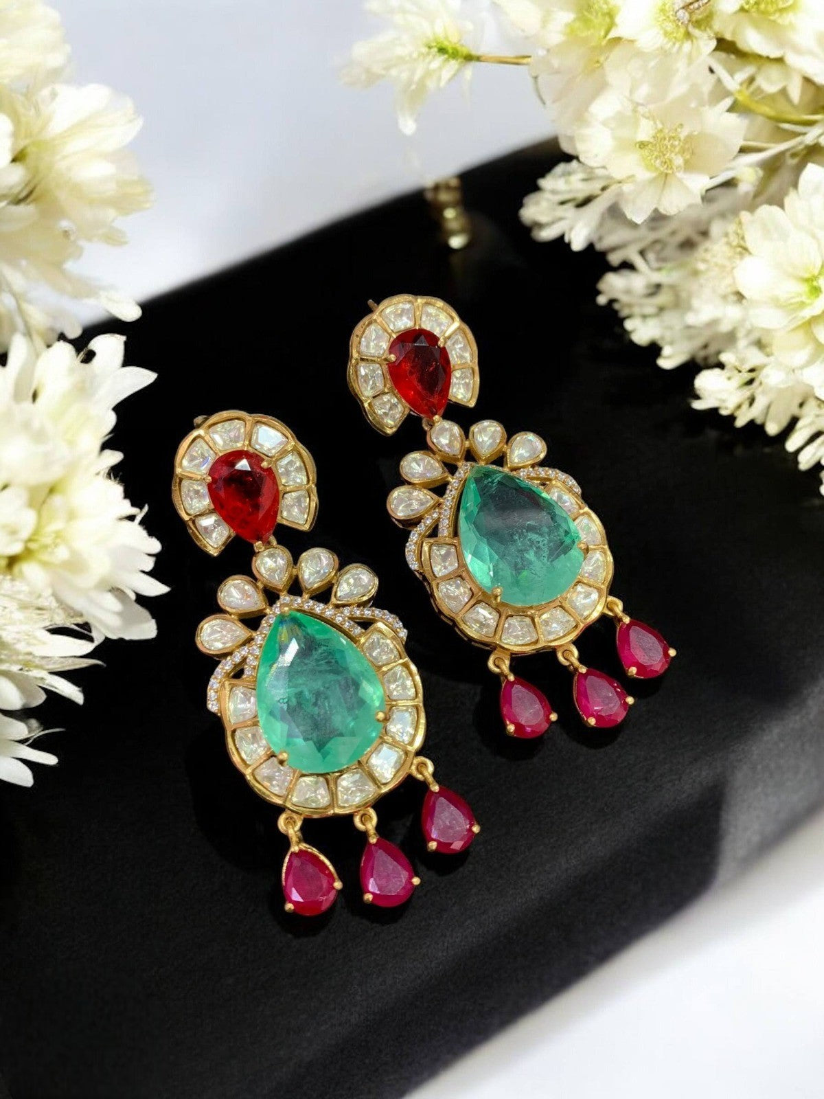 Elegant Emerald Green Kundan Drop Earrings β Gold Plated Wedding & Party Jewelry - Libasaa.com