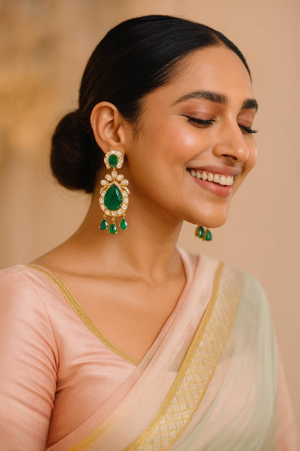 Elegant Emerald Green Kundan Drop Earrings β Gold Plated Wedding & Party Jewelry - Libasaa.com