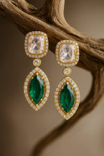 Gold Plated Emerald & Diamond Studded Drop Earrings for Women | Green Stone Party Wear & Wedding Jewelry - Libasaa.com