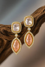 Gold Plated Emerald & Diamond Studded Drop Earrings for Women | Green Stone Party Wear & Wedding Jewelry - Libasaa.com