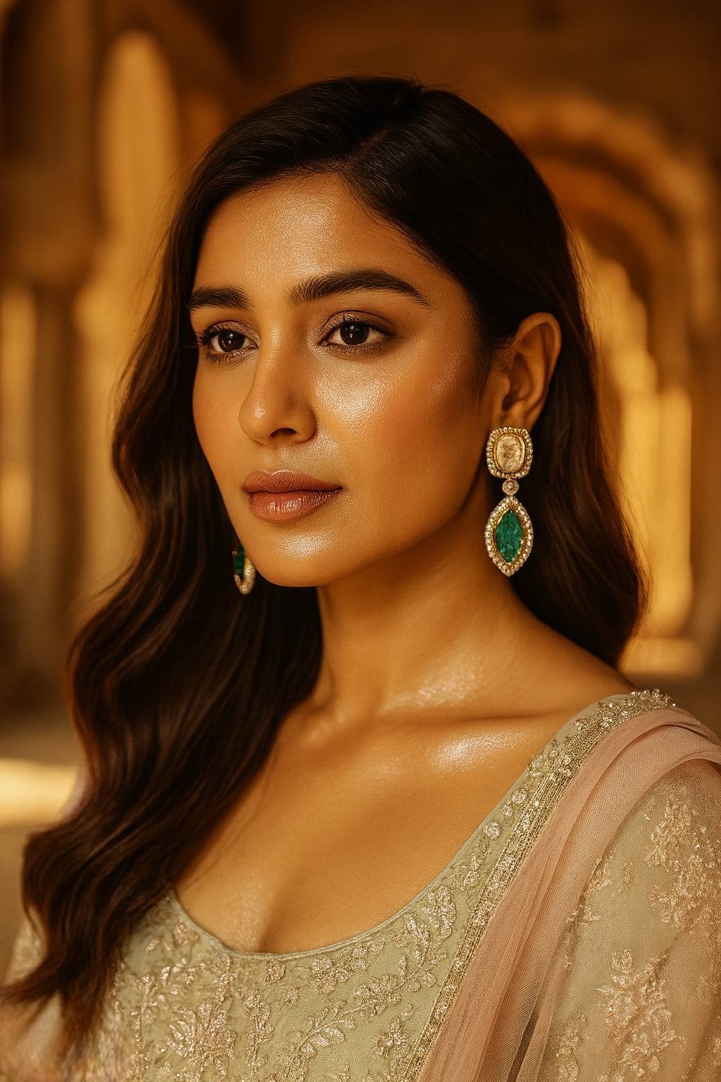 Gold Plated Emerald & Diamond Studded Drop Earrings for Women | Green Stone Party Wear & Wedding Jewelry - Libasaa.com