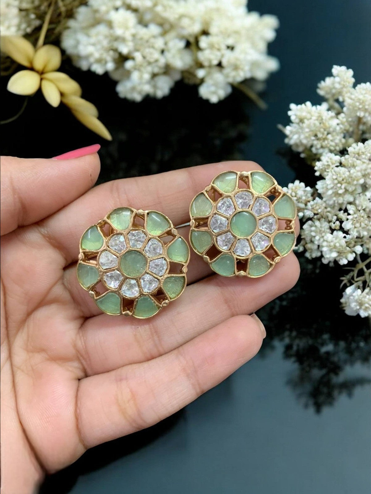 Floral Green Stone Stud Earrings | Gold Plated Party & Ethnic Jewelry for Women - Libasaa.com