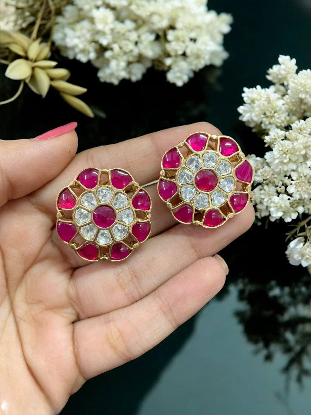 Floral Green Stone Stud Earrings | Gold Plated Party & Ethnic Jewelry for Women - Libasaa.com