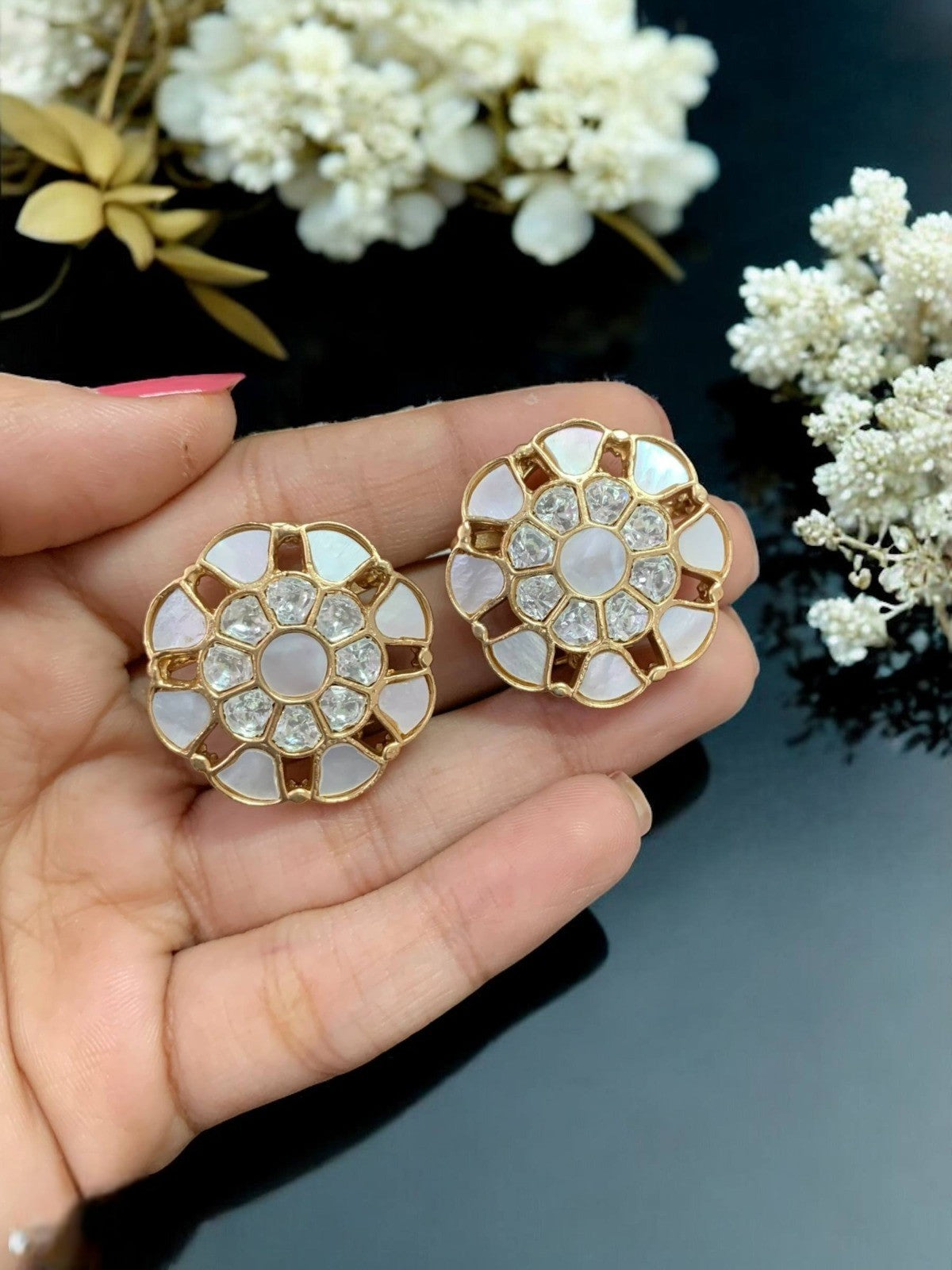 Floral Green Stone Stud Earrings | Gold Plated Party & Ethnic Jewelry for Women - Libasaa.com