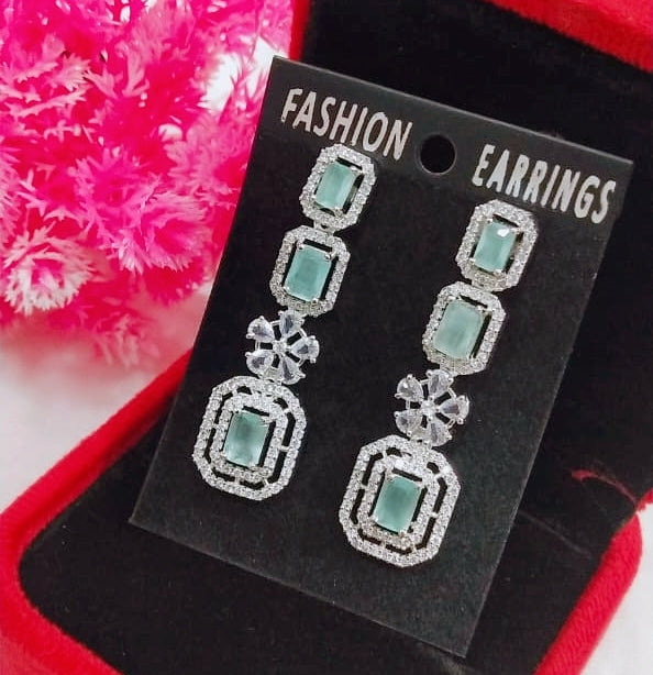 Silver-Plated Green Stone Long Drop Earrings | Stylish Party & Festive Wear Jewelry - Libasaa.com