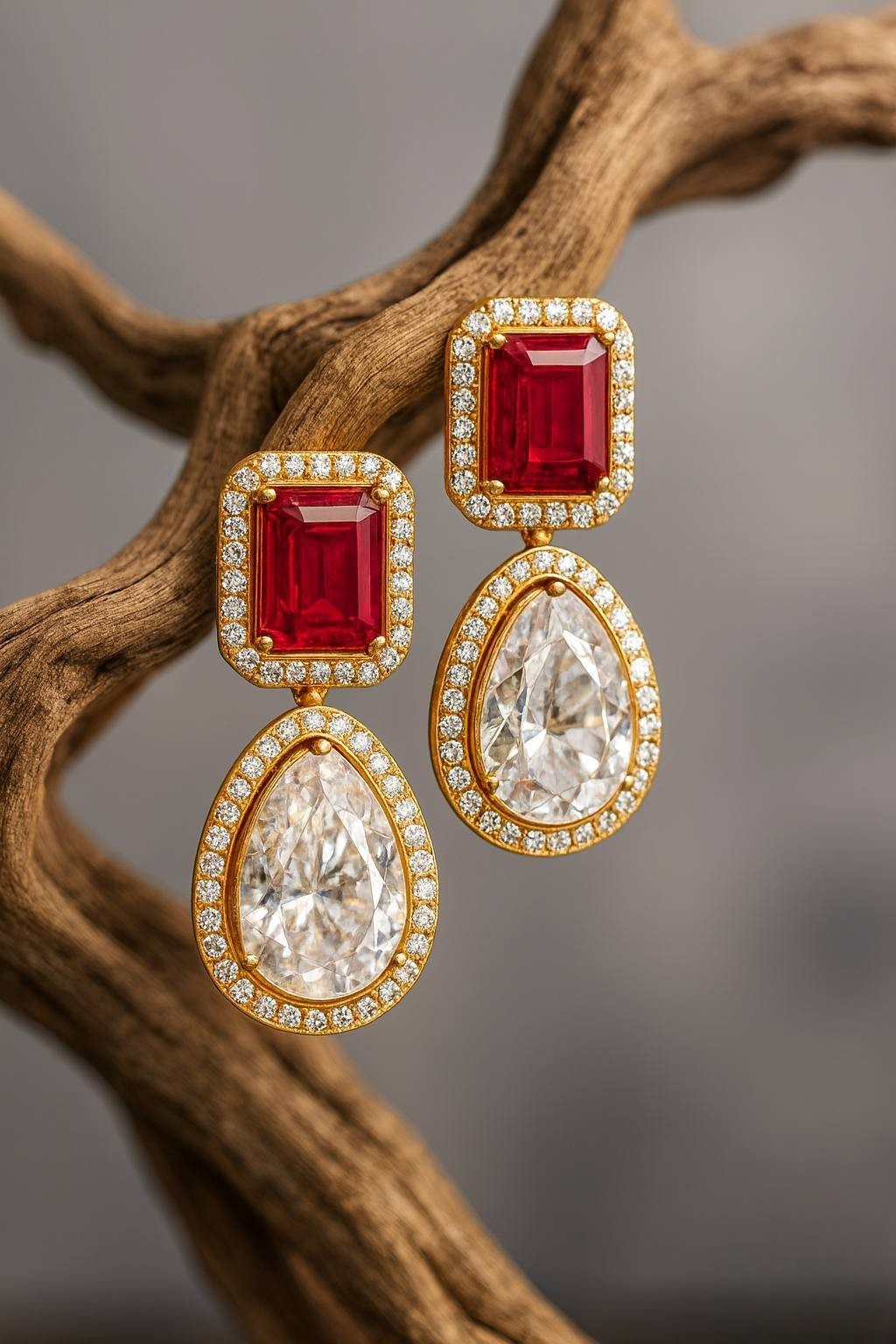 Red Ruby & White Crystal Drop Earrings | Gold-Plated Statement Bridal Jewelry - Libasaa.com