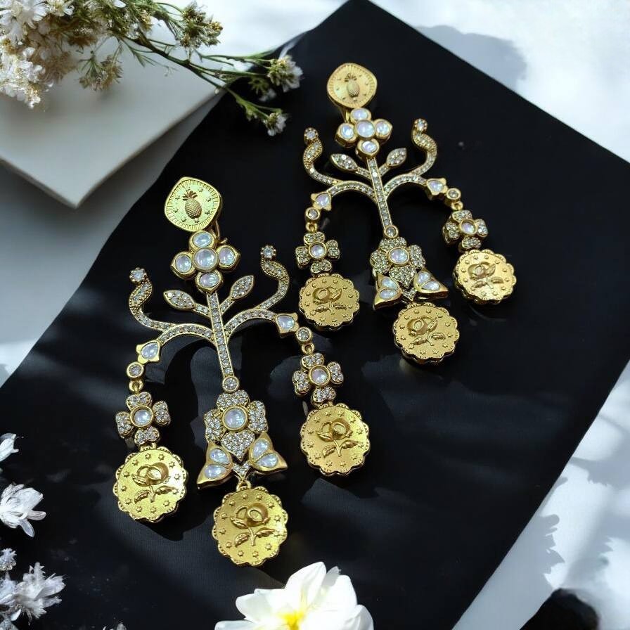 Bollywood-Inspired Katrina Kaif Gold Statement Earrings – Designer Temple Jhumkas - Libasaa.com