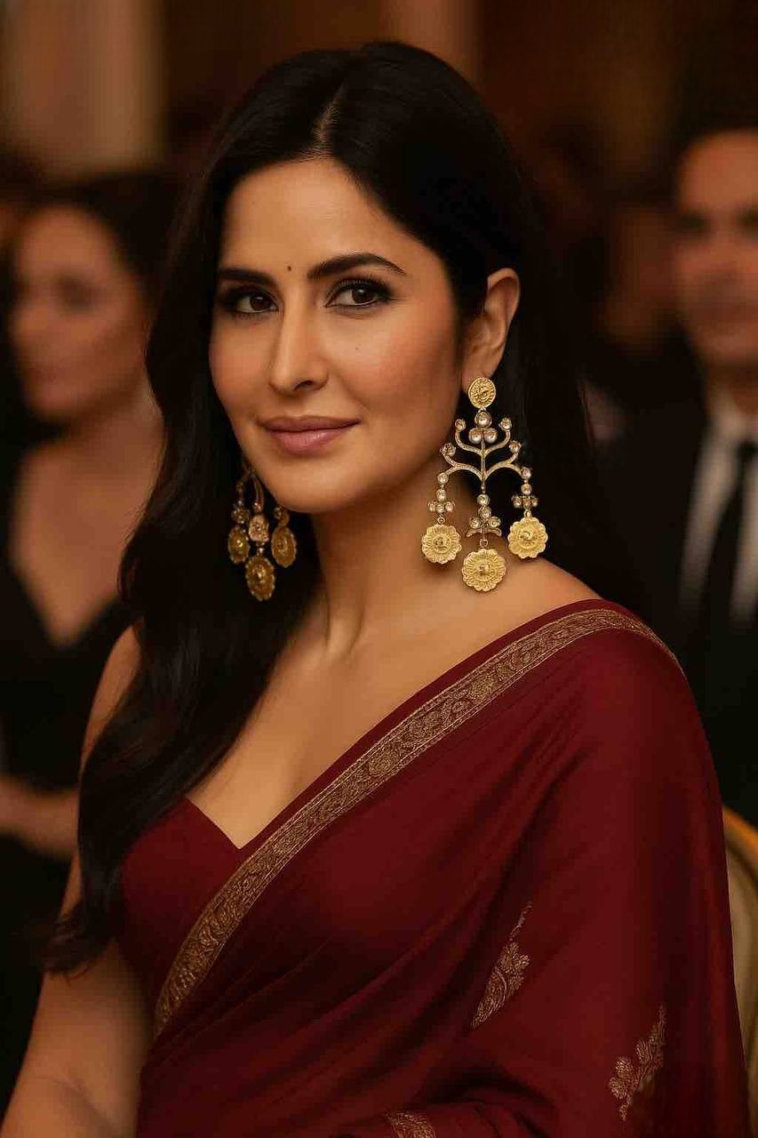 Bollywood-Inspired Katrina Kaif Gold Statement Earrings – Designer Temple Jhumkas - Libasaa.com