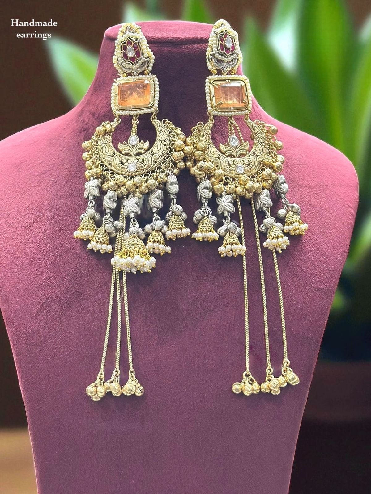 Handmade Long Yellow Stone Jhumka Chandbali Earrings β Bridal & Festive Jewelry - Libasaa.com