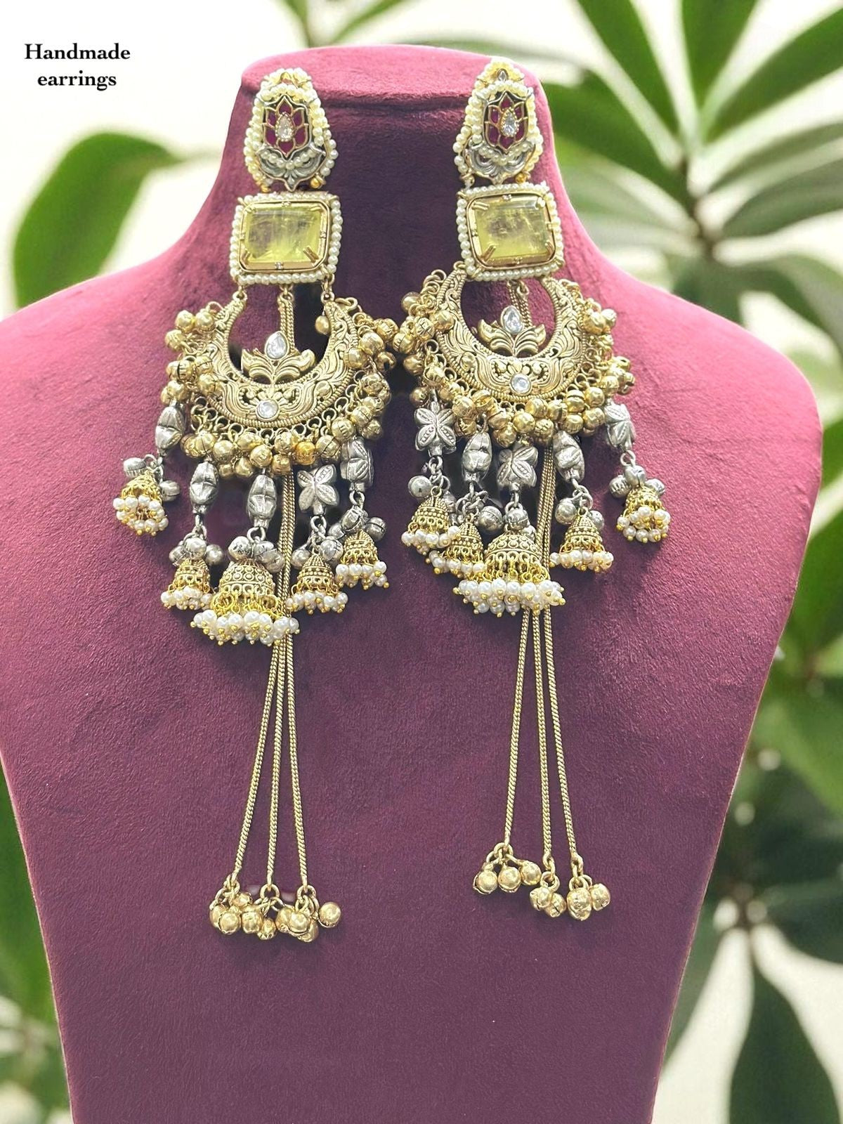 Handmade Long Yellow Stone Jhumka Chandbali Earrings β Bridal & Festive Jewelry - Libasaa.com