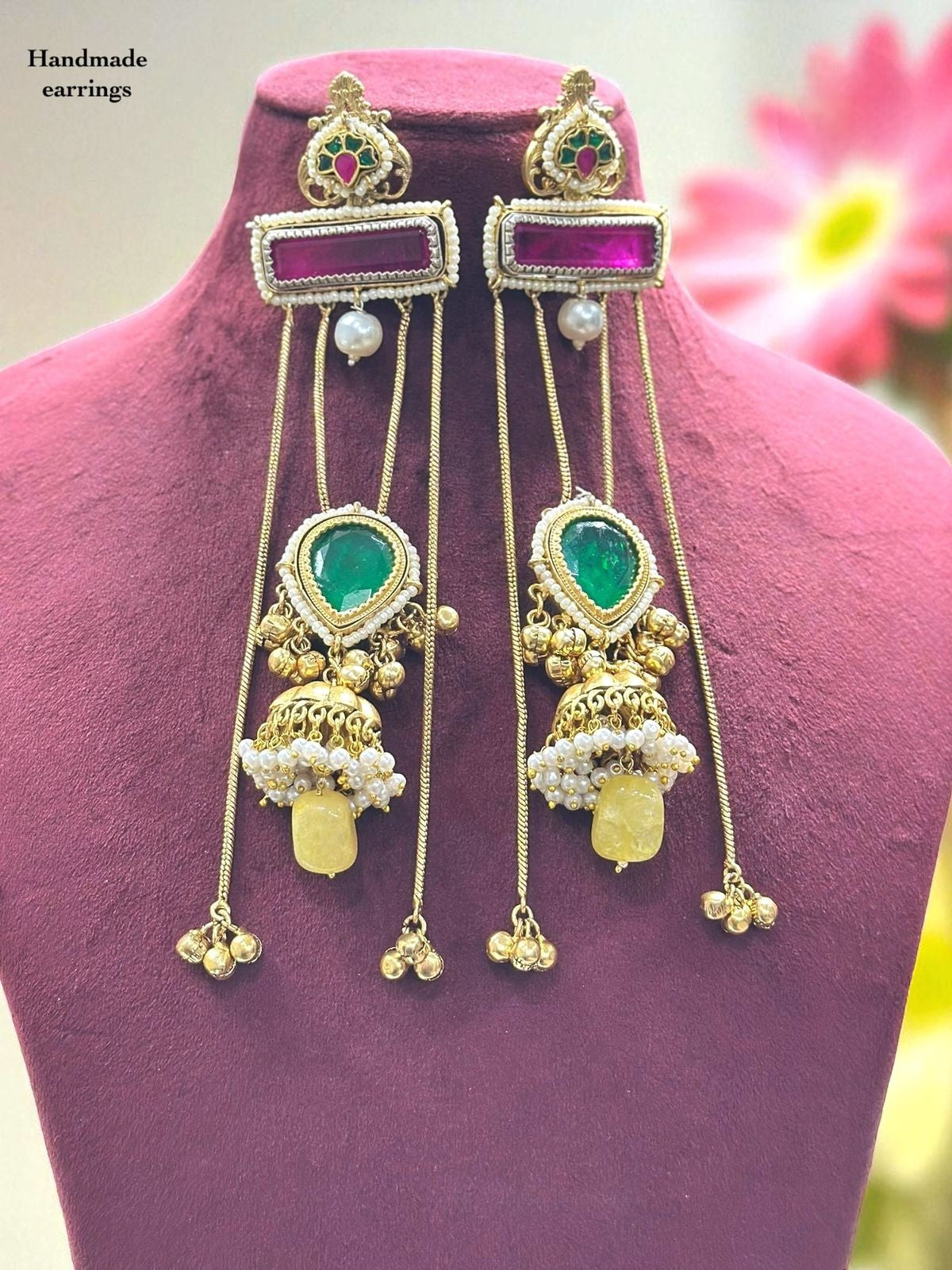 Regal Handmade Kundan & Gemstone Long Dangle Earrings – Traditional Indian Jewelry - Libasaa.com