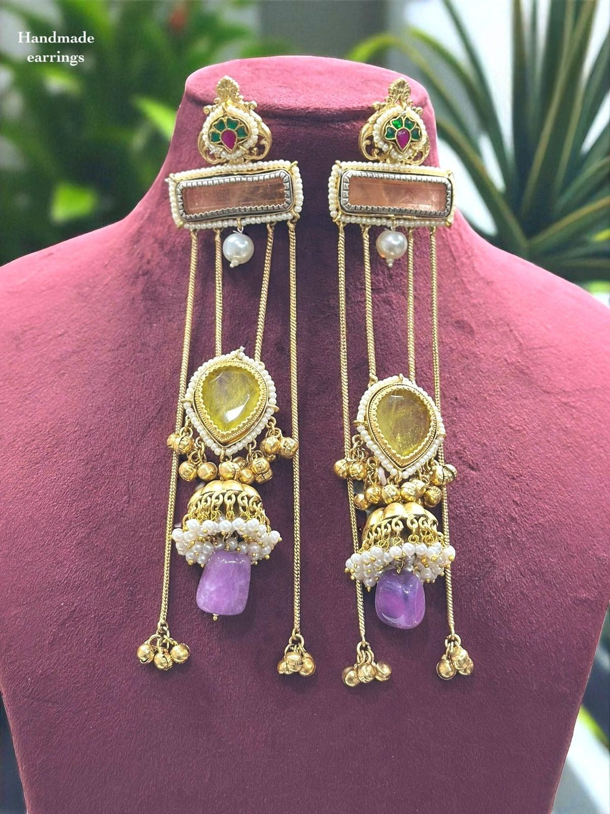 Regal Handmade Kundan & Gemstone Long Dangle Earrings – Traditional Indian Jewelry - Libasaa.com
