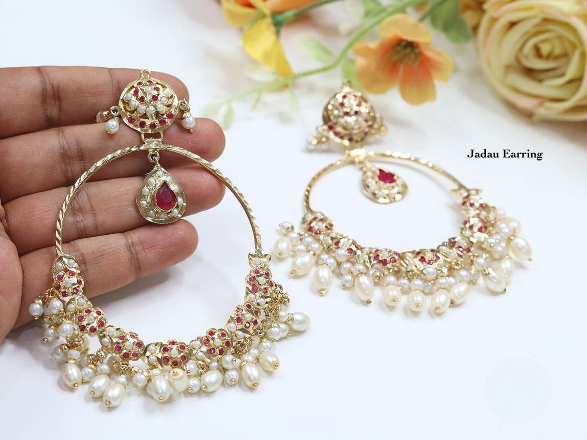 Jadau Pearl Hoop Earrings with Emerald & Ruby Accents β Traditional Indian Jewelry - Libasaa.com