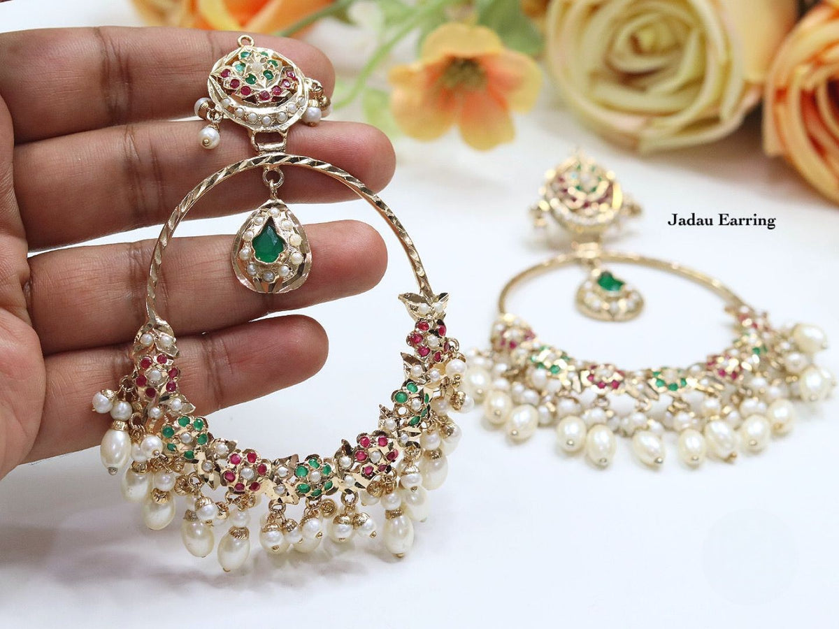 Jadau Pearl Hoop Earrings with Emerald & Ruby Accents β Traditional Indian Jewelry - Libasaa.com