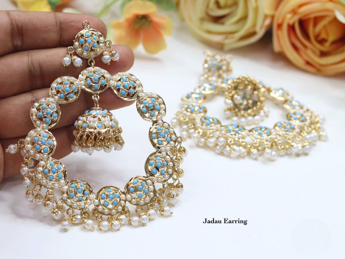 Blue Meenakari Jadau Hoop Earrings with Pearl Drops β Traditional Indian Jewelry - Libasaa.com