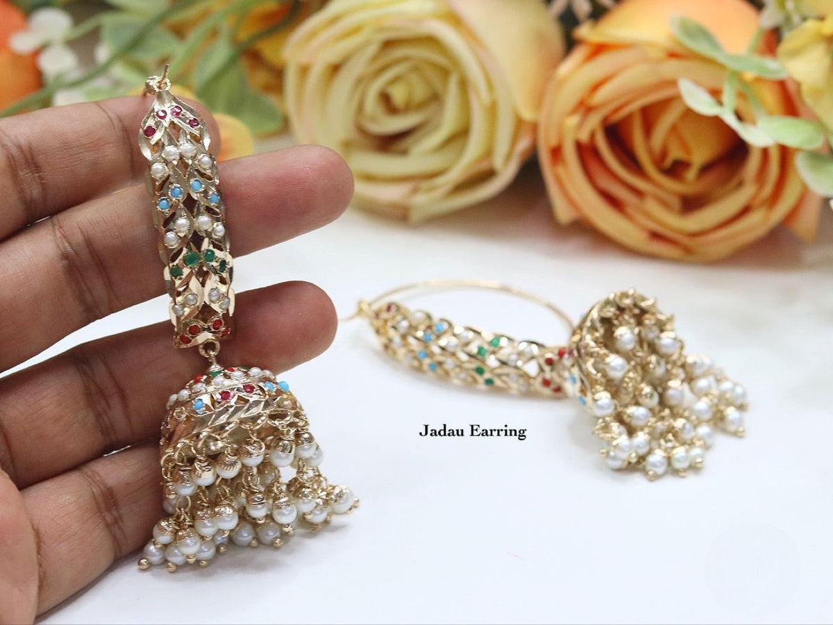 Jadau Hoop Jhumki Earring Set with Pearl Drops β Traditional Indian Jewelry - Libasaa.com