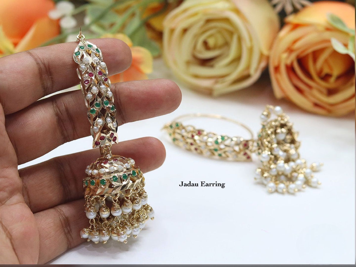 Jadau Hoop Jhumki Earring Set with Pearl Drops β Traditional Indian Jewelry - Libasaa.com