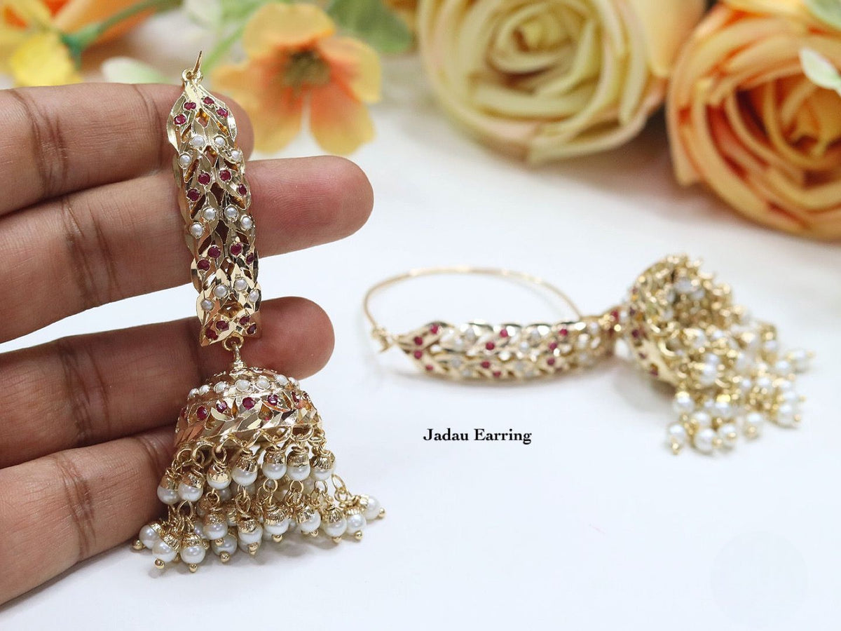 Jadau Hoop Jhumki Earring Set with Pearl Drops β Traditional Indian Jewelry - Libasaa.com