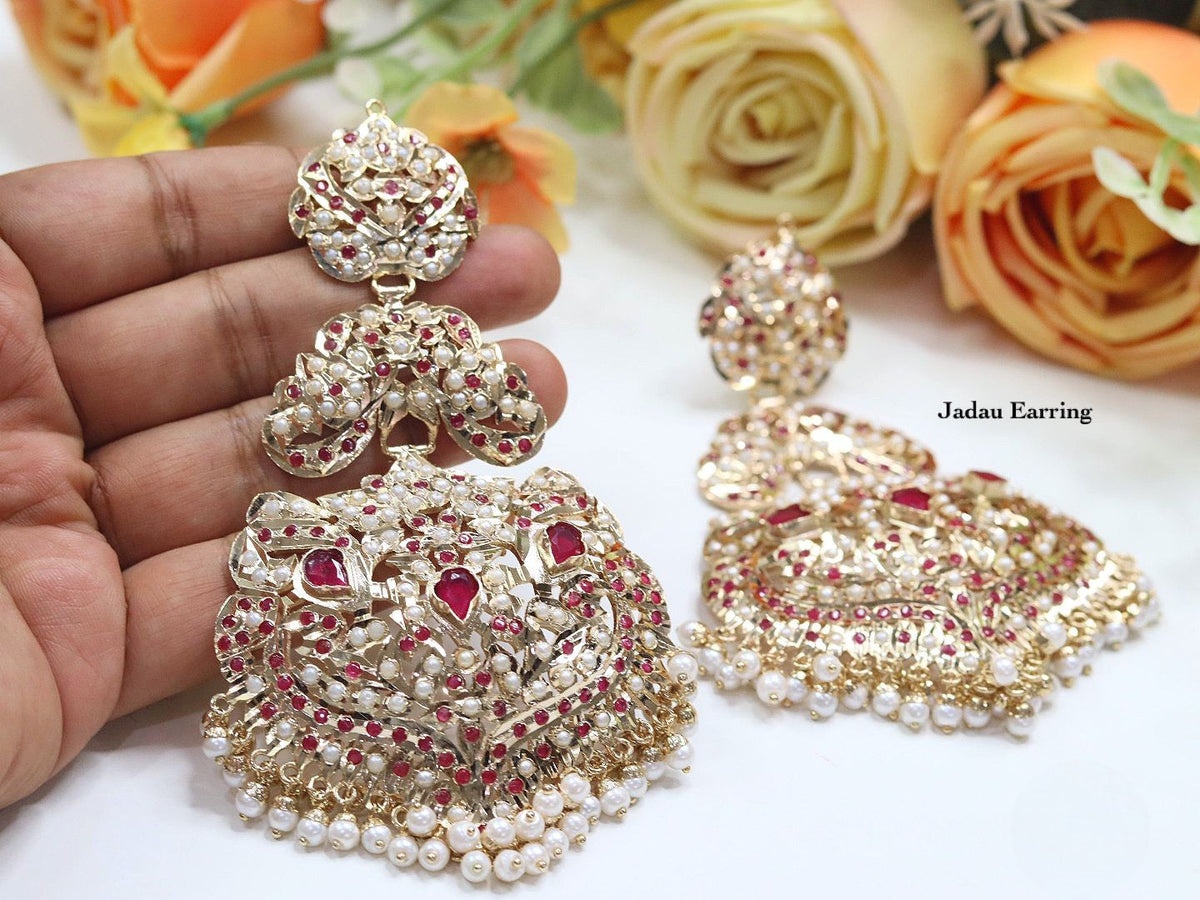Exquisite Gold Plated Jadau Earrings with Ruby and Pearl Detailing - Traditional Indian Jewelry - Libasaa.com
