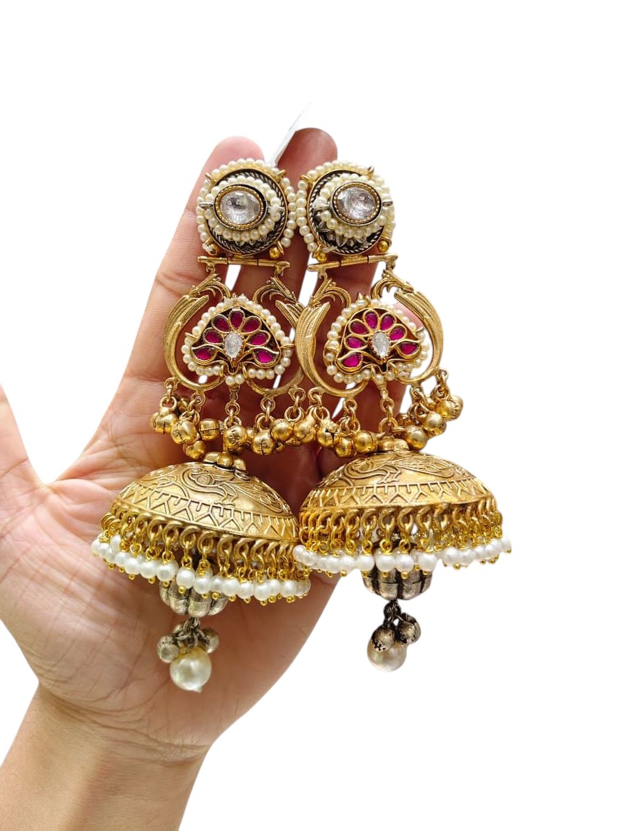 Classic Jhumka Earrings with Emerald Green Accents, Kundan & Pearl Drops - Libasaa.com