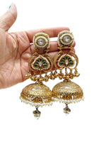 Classic Jhumka Earrings with Emerald Green Accents, Kundan & Pearl Drops - Libasaa.com