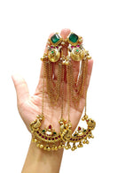 Grand Gold Plated Peacock Kalash Earrings with Emerald Stones, Multi-Chain Saharas & Pearl Accents - Libasaa.com