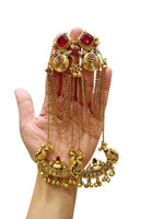 Grand Gold Plated Peacock Kalash Earrings with Emerald Stones, Multi-Chain Saharas & Pearl Accents - Libasaa.com