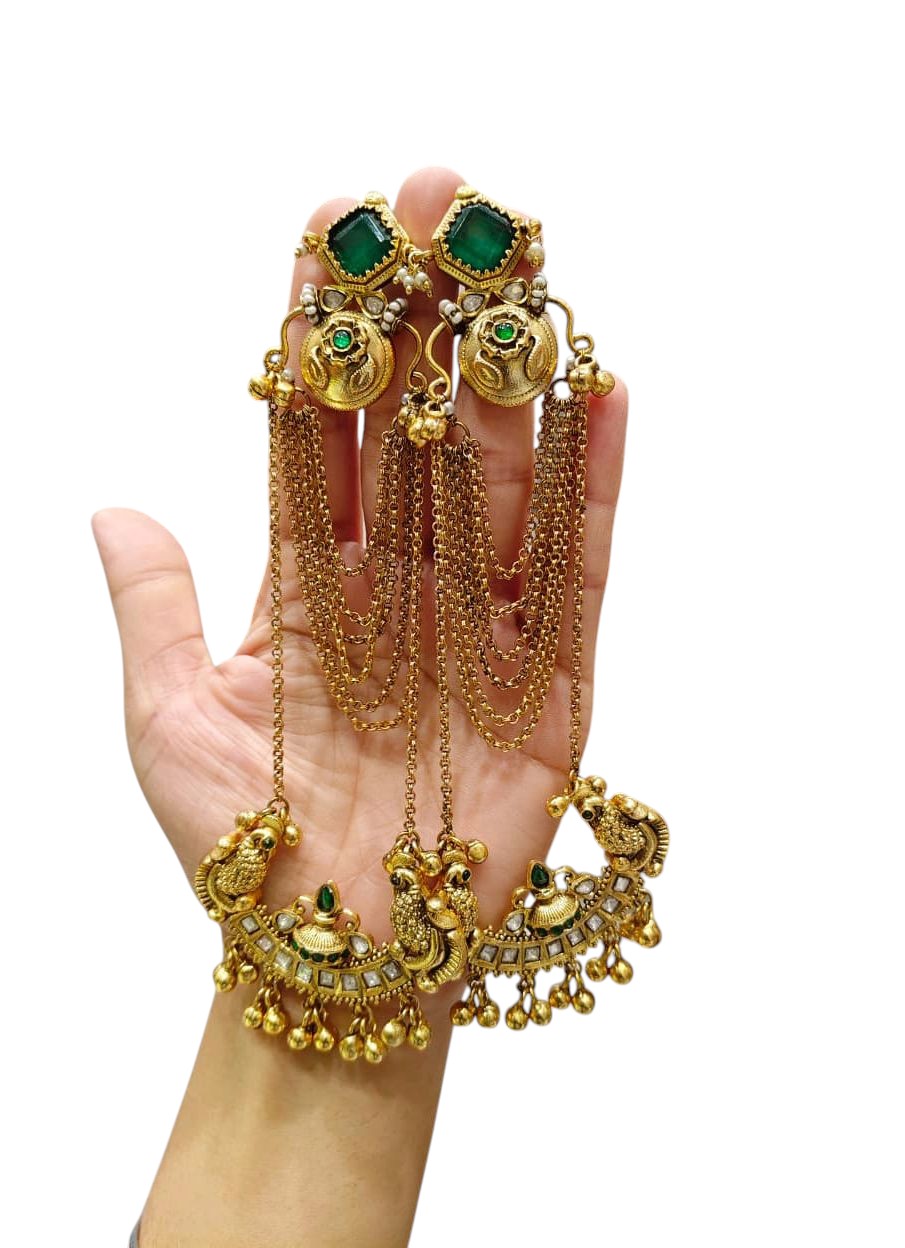 Grand Gold Plated Peacock Kalash Earrings with Emerald Stones, Multi-Chain Saharas & Pearl Accents - Libasaa.com