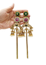 Vibrant Jhumka Earrings with Ruby & Emerald Stones, Pearl Drops & Attached Sahara Chains - Grand Traditional Gold Plated - Libasaa.com