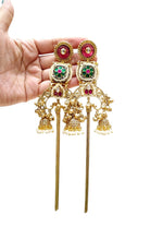 Vibrant Jhumka Earrings with Ruby & Emerald Stones, Pearl Drops & Attached Sahara Chains - Grand Traditional Gold Plated - Libasaa.com