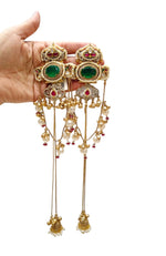Regal Emerald & Ruby Jadau Earrings with Cascading Pearl Drops & Sahara Chains - Heavy Traditional Gold Plated - Libasaa.com