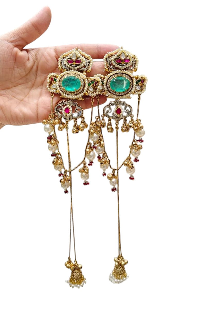 Regal Emerald & Ruby Jadau Earrings with Cascading Pearl Drops & Sahara Chains - Heavy Traditional Gold Plated - Libasaa.com