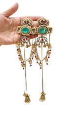 Regal Emerald & Ruby Jadau Earrings with Cascading Pearl Drops & Sahara Chains - Heavy Traditional Gold Plated - Libasaa.com
