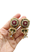 Regal Floral Stud Earrings with Emerald & Ruby Stones, Kundan & Pearls - Libasaa.com