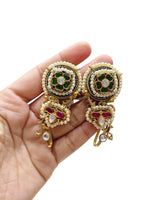 Regal Floral Stud Earrings with Emerald & Ruby Stones, Kundan & Pearls - Libasaa.com
