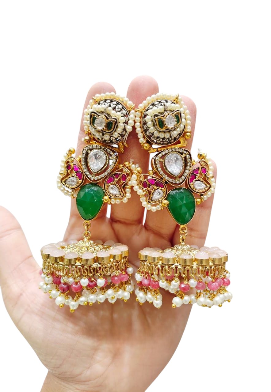 Grand Kundan & Meenakari Jhumka Earrings with Green Stones, Pearls & Ruby Beads - Libasaa.com