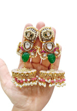 Grand Kundan & Meenakari Jhumka Earrings with Green Stones, Pearls & Ruby Beads - Libasaa.com