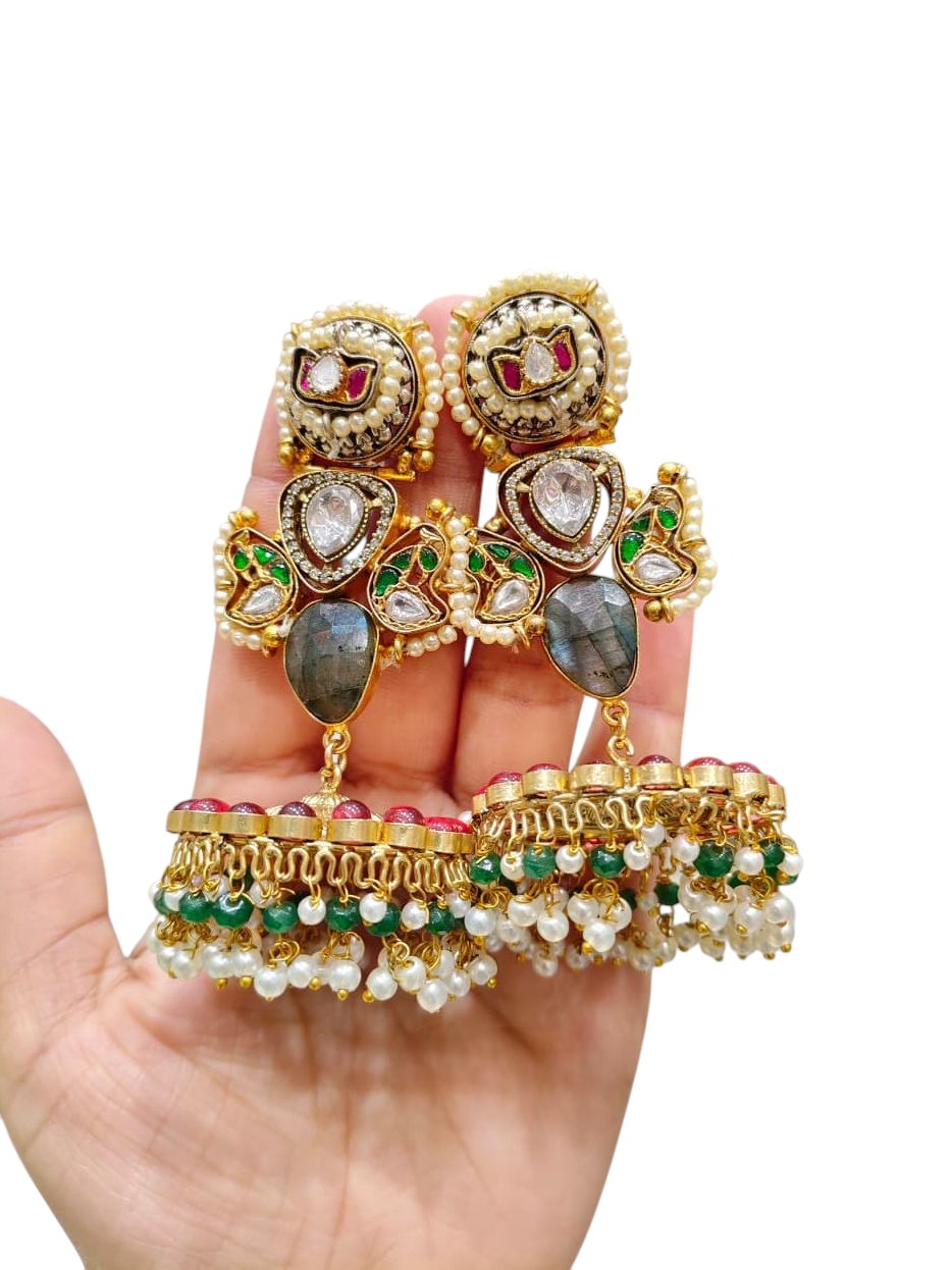 Grand Kundan & Meenakari Jhumka Earrings with Green Stones, Pearls & Ruby Beads - Libasaa.com