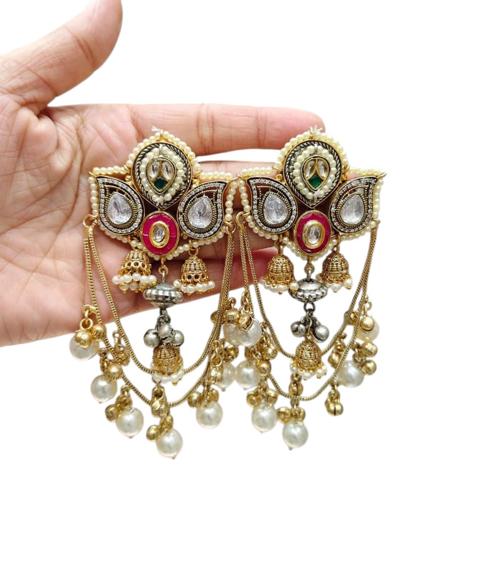 Royal Kundan Peacock Kalash Earrings with Emerald Accents, Multi-Chain Saharas & Pearl Drops – Bridal Jewelry - Libasaa.com