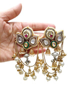 Royal Kundan Peacock Kalash Earrings with Emerald Accents, Multi-Chain Saharas & Pearl Drops – Bridal Jewelry - Libasaa.com