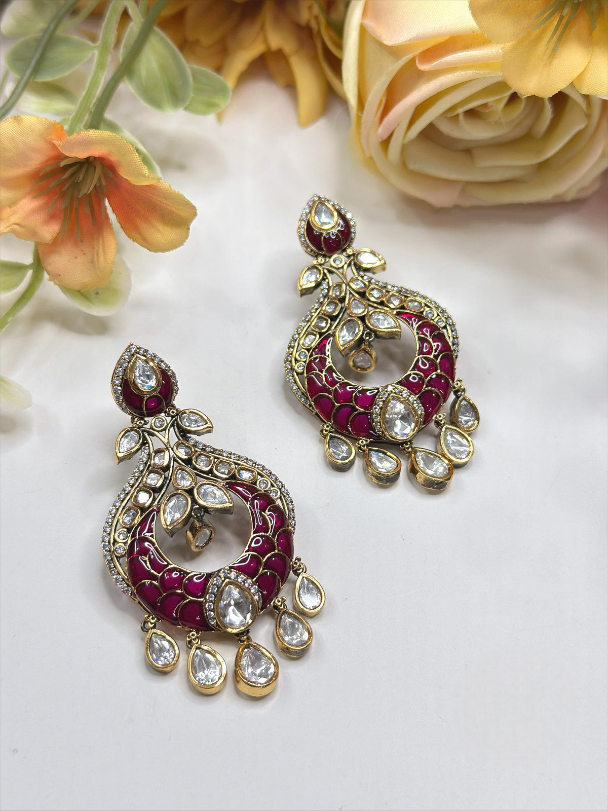 Multicolour Meenakari Kundan Chandbali Earrings with Pear-Shaped Stones – Traditional Indian Jewelry - Libasaa.com